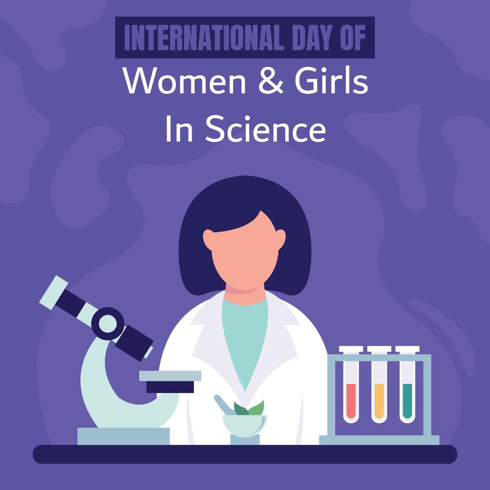 ilustración gráfica vectorial de una mujer está haciendo pruebas en una mesa de laboratorio, mostrando microscopio y tubo de muestra, perfecto para el día internacional, mujeres y niñas en ciencia, celebración, tarjeta de saludo, etc. vector