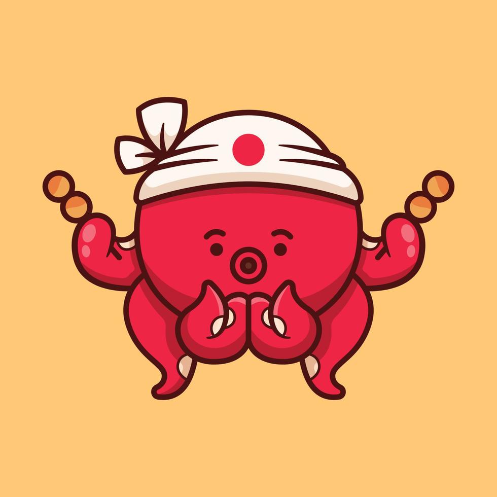 lindo pulpo con ilustración de takoyaki en diseño plano vector