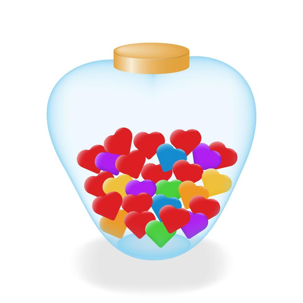 Heart shaped glass jar with LGBT color hearts. Glass jar with hearts. The concept of love and celebrating Valentine's Day. Decorative element. Vector illustration.