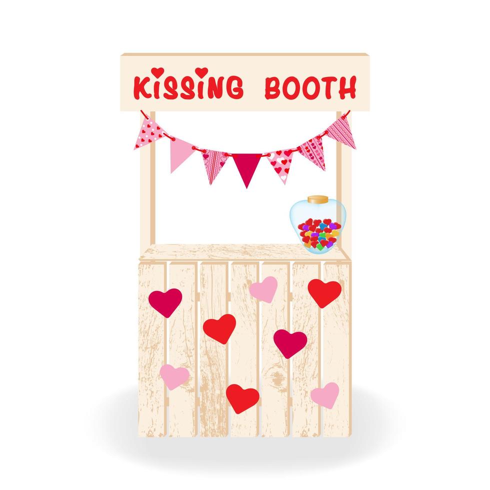 cabina de besos. decoración festiva realizada en madera con corazones y banderas caseta de besos. para celebrar el día de San Valentín, boda o cumpleaños. ilustración vectorial vector