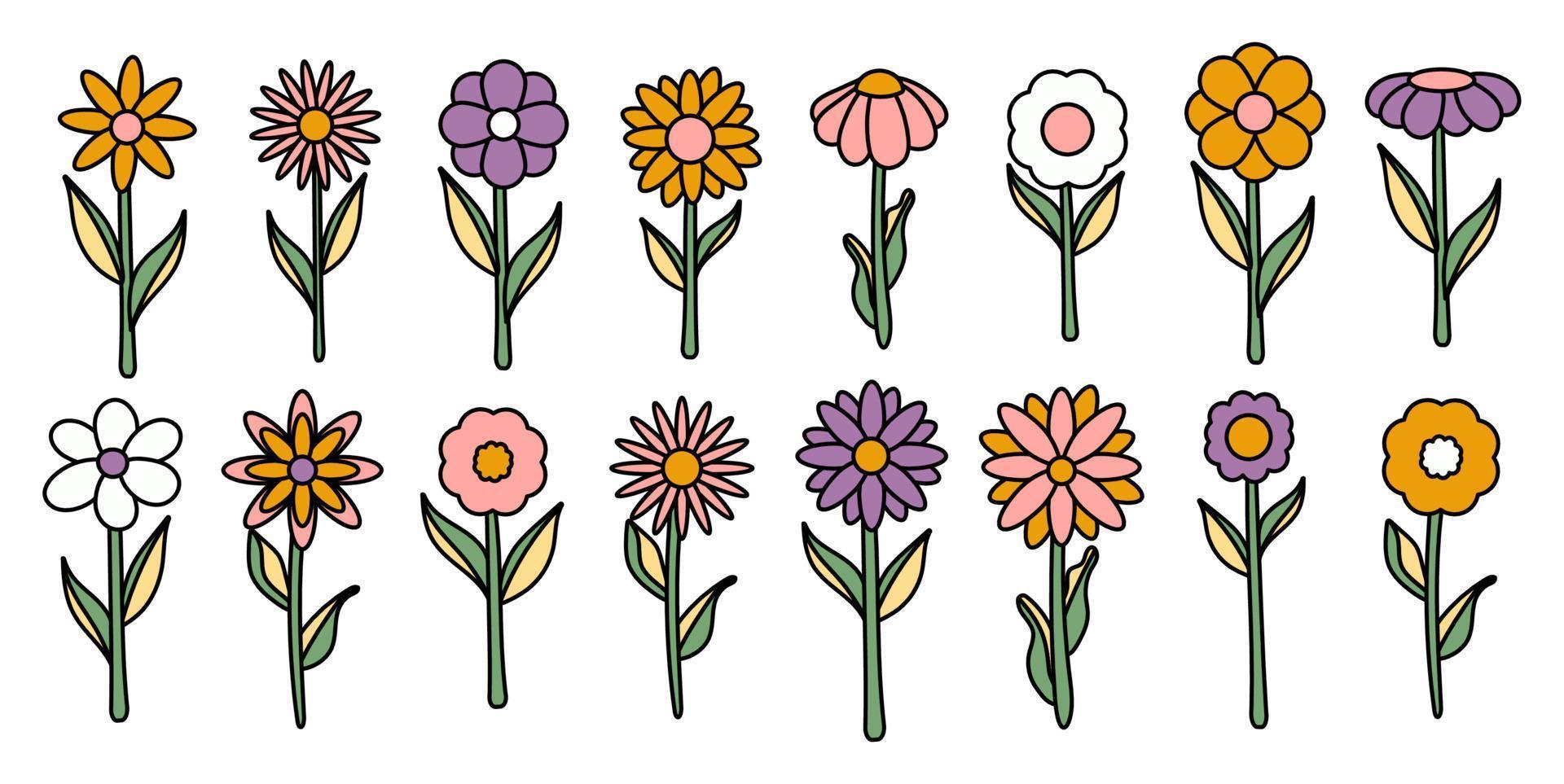 Collection of simple blooming flowers in 1970s psychedelic hippie style. Set of graphic stickers in retro design. groovy background. editable stroke isolated vector illustration