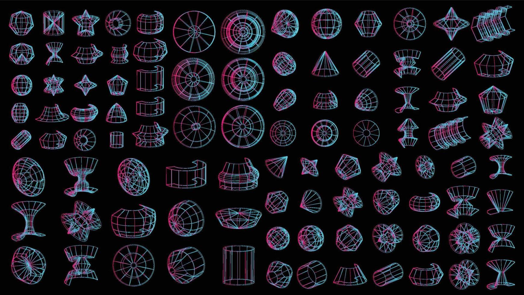Set of abstract geometric technology elements in cyberpunk style. Retro vintage collection 3d virtual digital design. Texture 80s vr. Futuristic metaverse pattern. Vector isolated template background