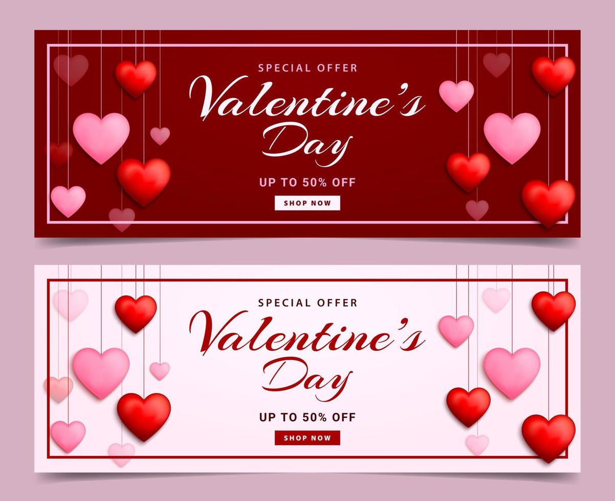 Valentines day sale banner template. Holiday shopping promotion background with red and pink heart elements. Discount promotions, shopping vouchers, special offers. Vector illustration