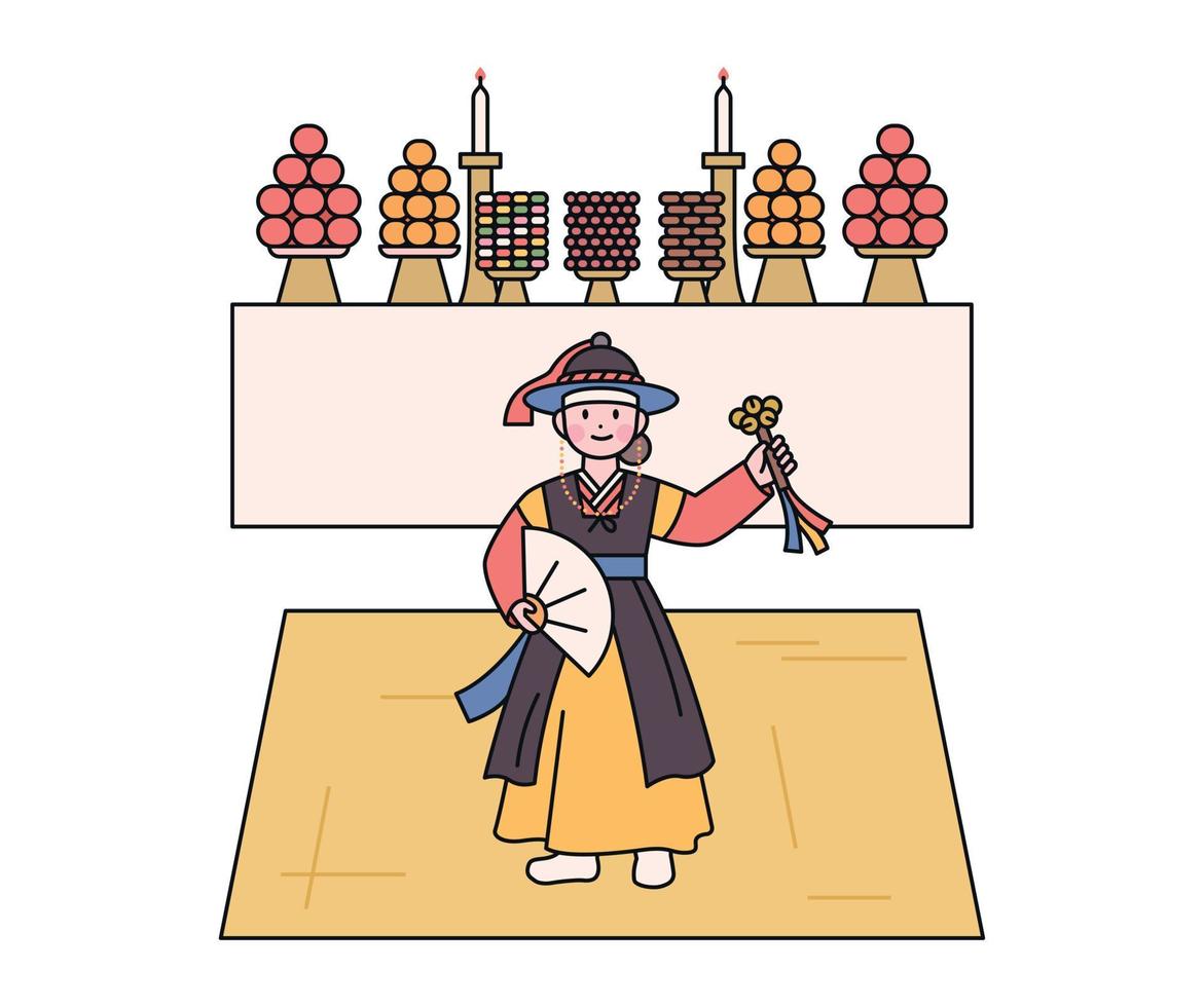 chamanismo tradicional coreano. un chamán realizando un rito ancestral. hay un altar detrás de ella. vector