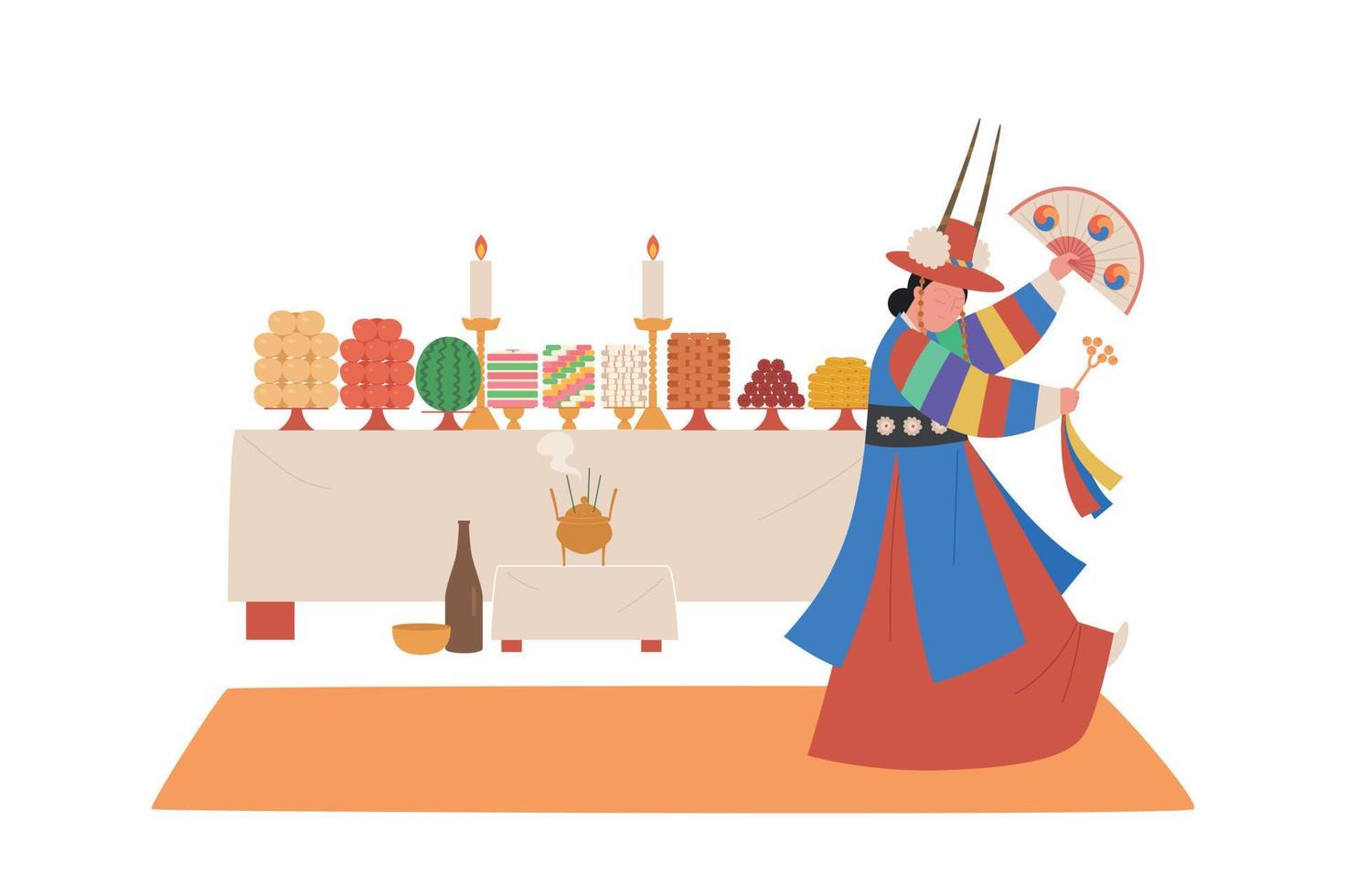 A Korean shaman is performing an exorcism. Behind her is a table with sacrificial food. vector