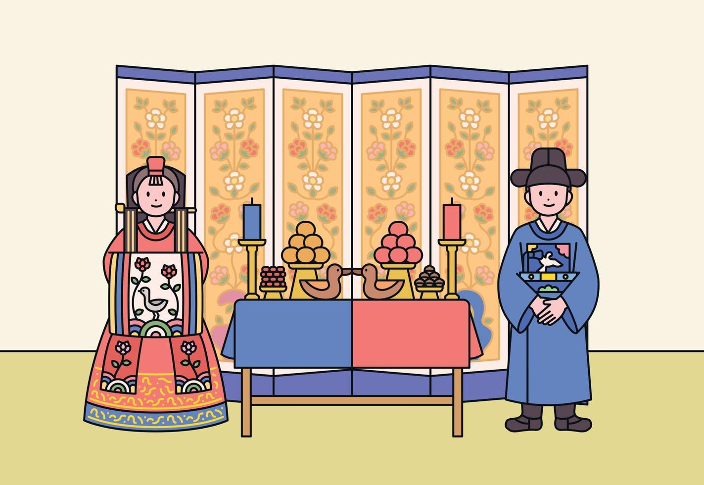 Korean traditional wedding. Groom and bride characters in wedding attire. There is a food table in the middle of them and a folding screen in the background. vector