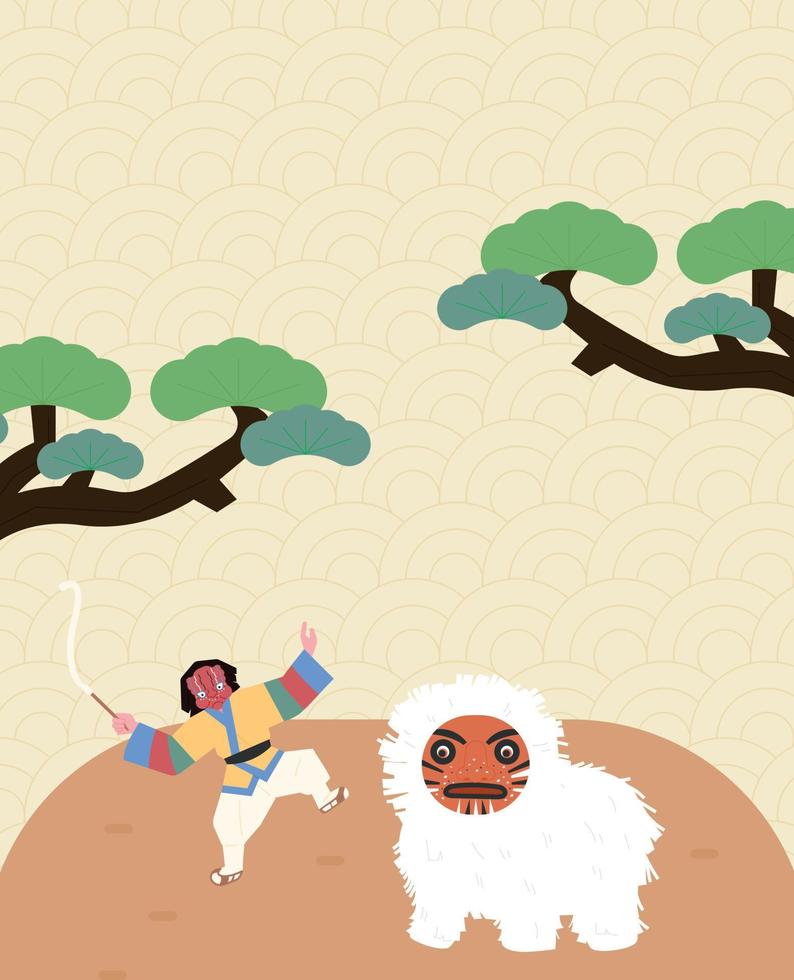 Korean traditional mask dance. Lion mask and servant mask performance. Background with pine trees. vector