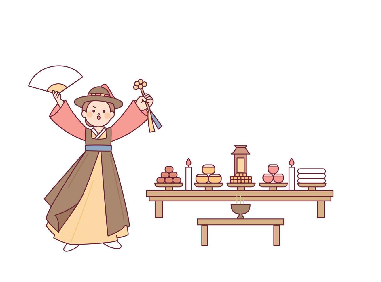 A Korean shaman is performing a ancestral rite. Behind her is a table with sacrificial food. vector