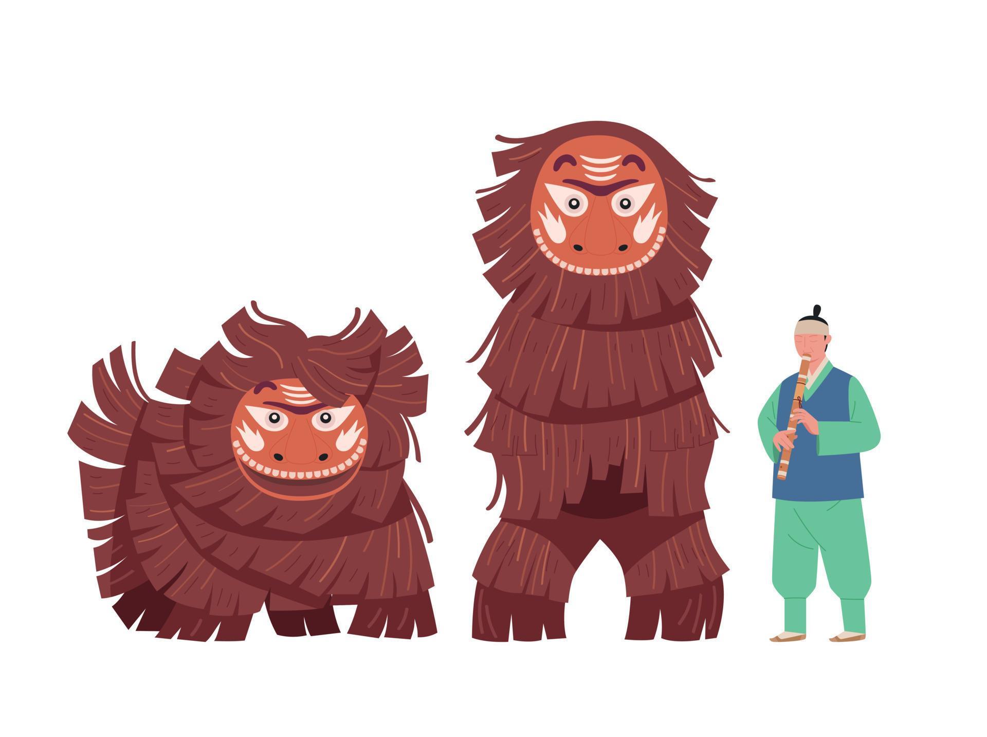 Traditional Korean lion mask performance. A man wearing a hanbok blows