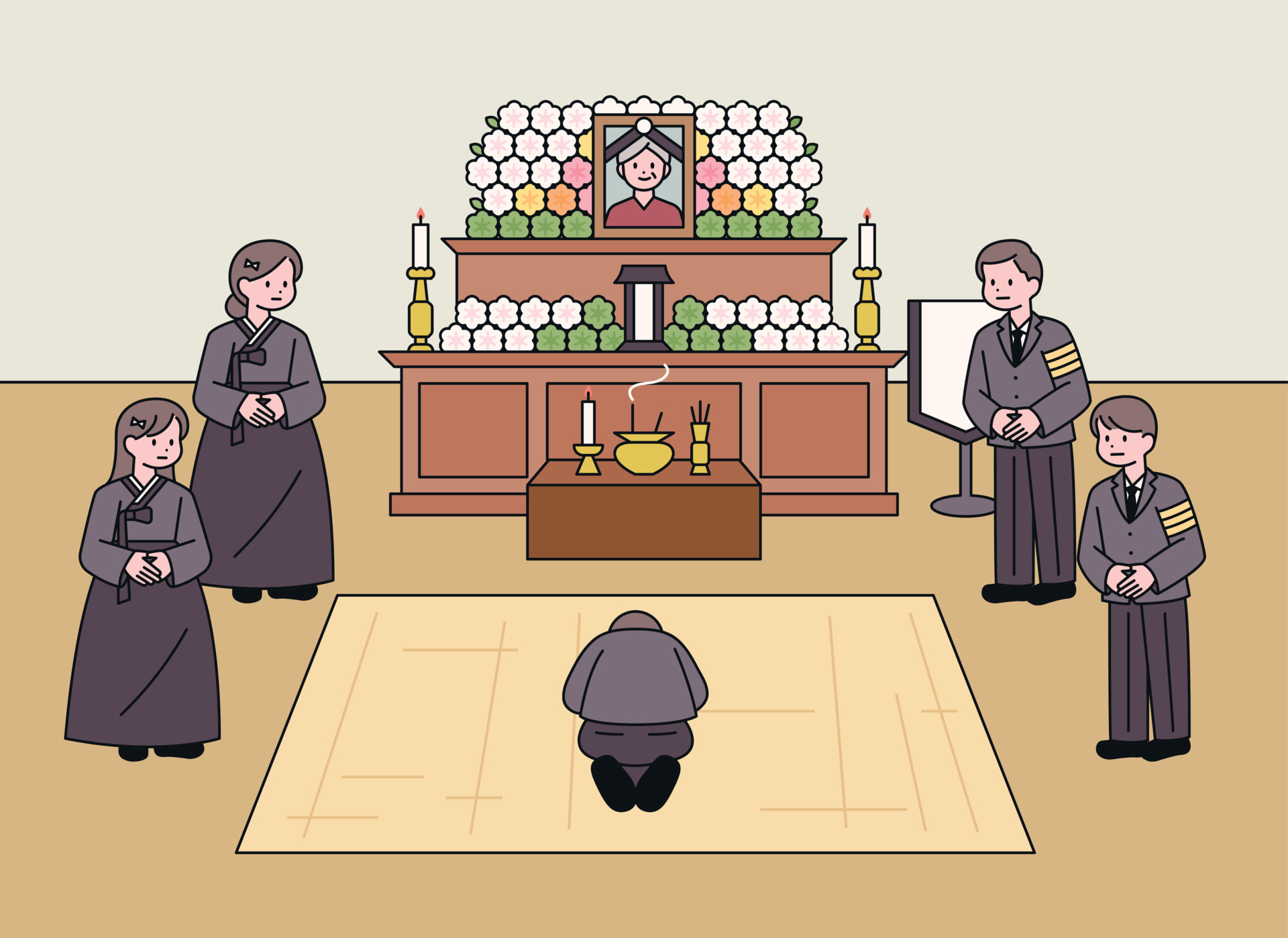 Funeral home in Korea. There is an altar with a picture of the deceased