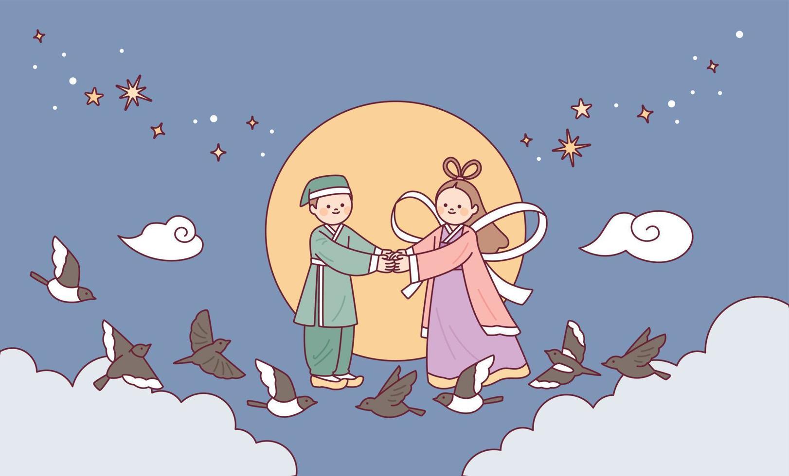 Korean traditional fairy tale. A couple to meet on July 7th, and magpies and crows helping the couple. vector