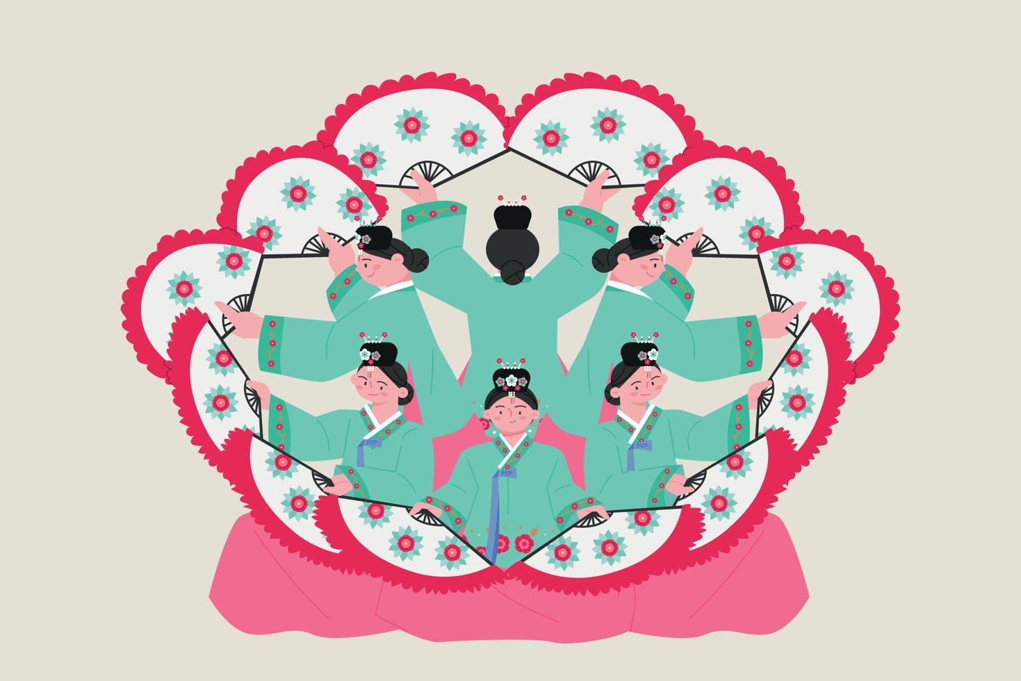 Korean traditional dance. Women wearing hanbok are dancing in a circle with a fan. vector