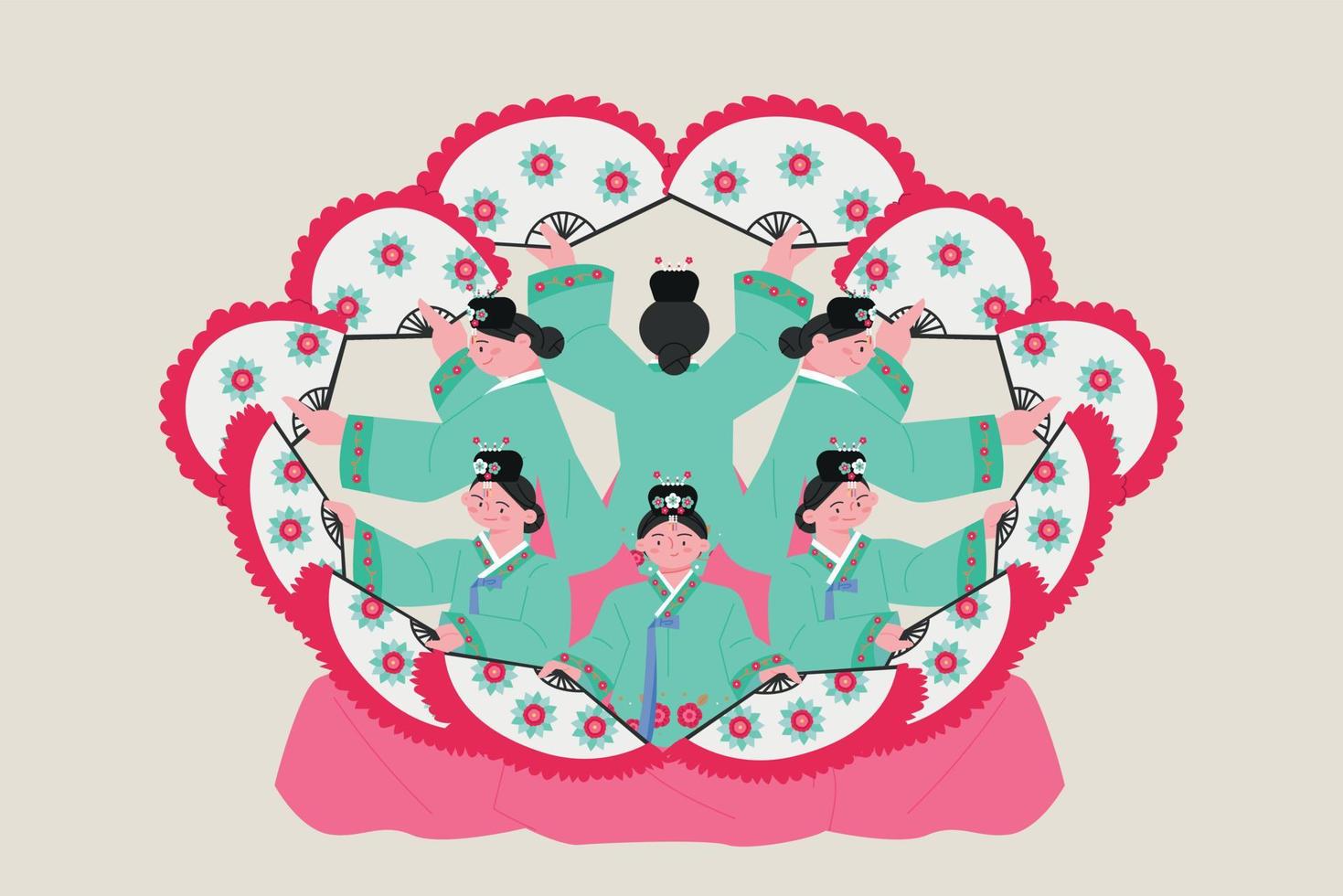 Korean traditional dance. Women wearing hanbok are dancing in a circle with a fan. vector