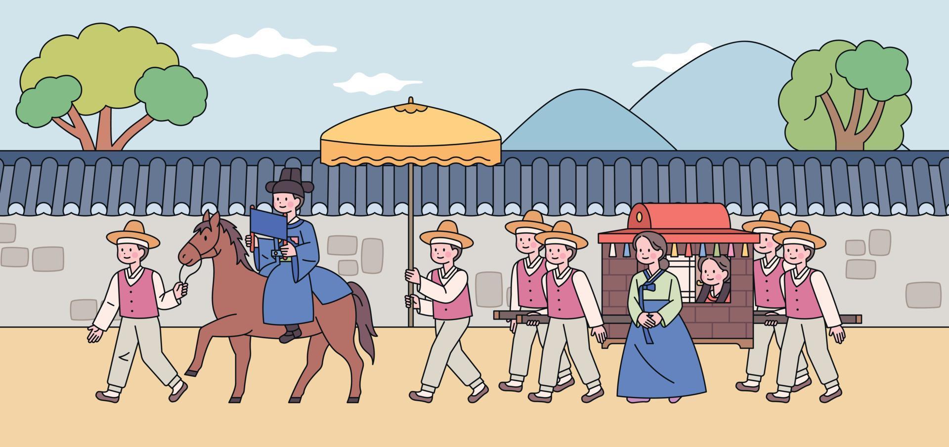 escena de boda tradicional coreana. el novio monta a caballo y la novia monta un palanquín. vector