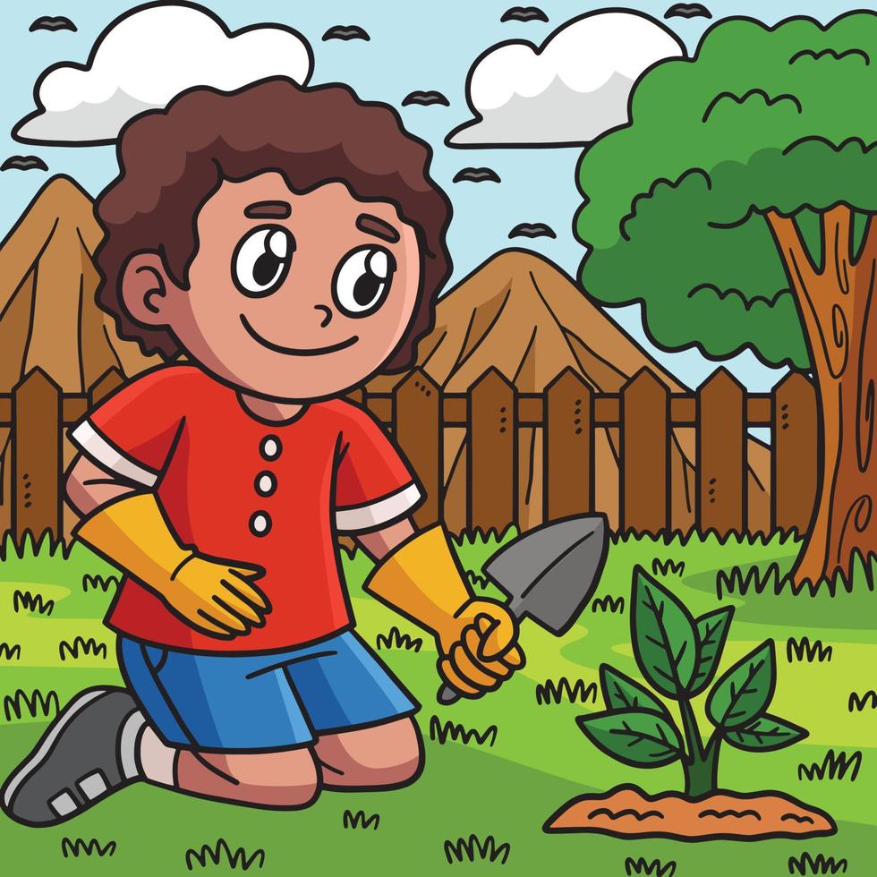 Earth Day Boy Planting Colored Cartoon vector