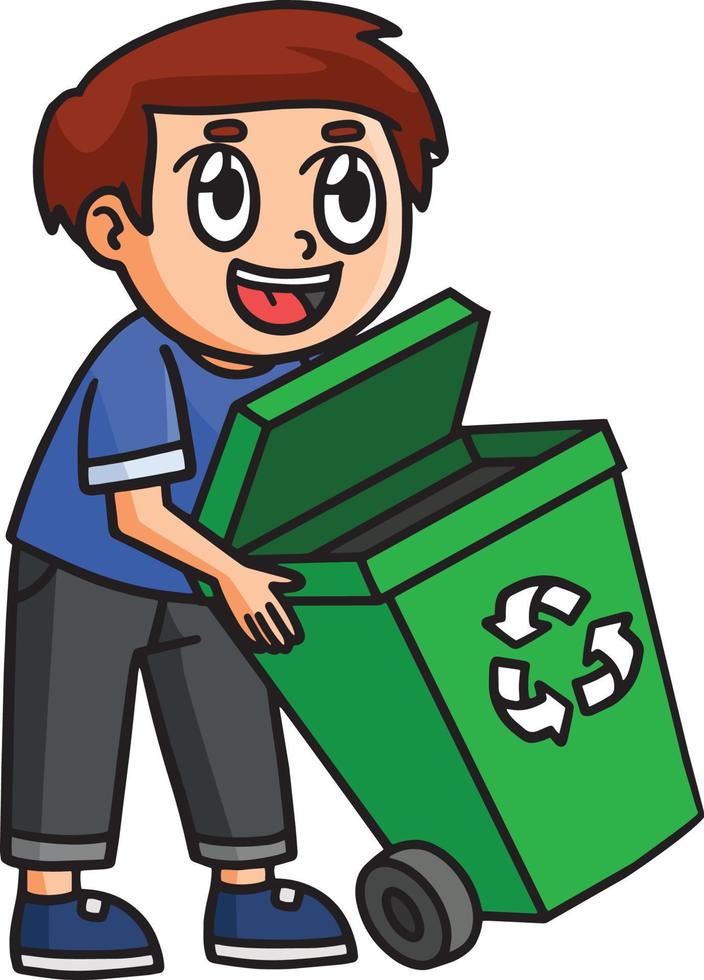 Earth Day Boy Holding Trash Can Cartoon Clipart vector