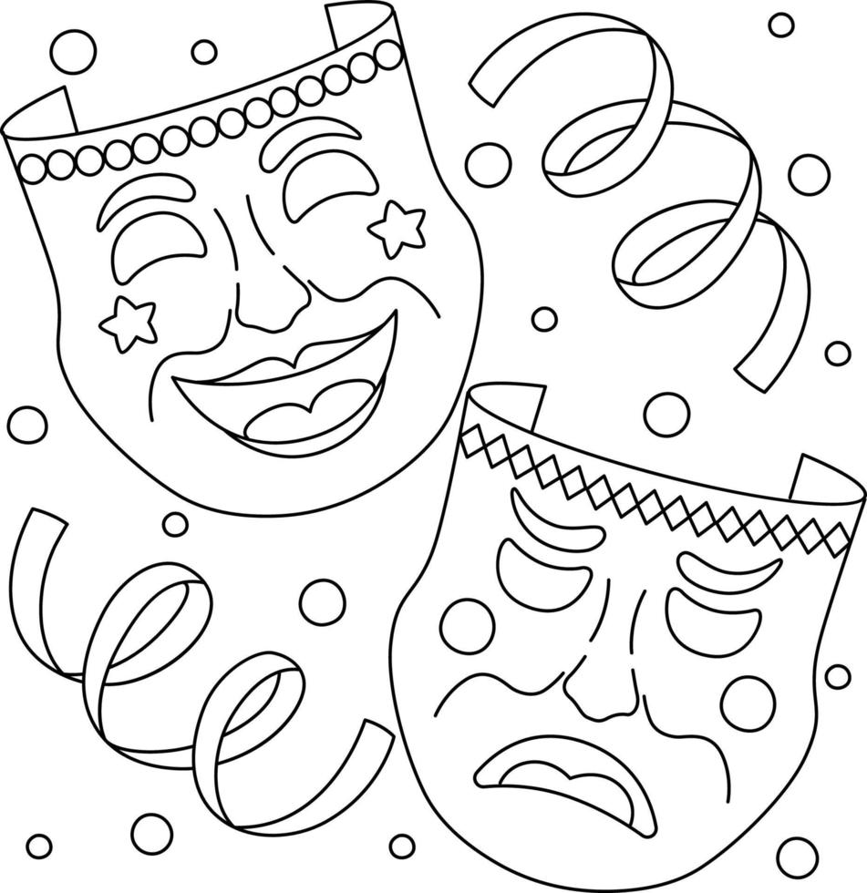 Mardi Gras Tragedy and Comedy Masks Coloring Page vector