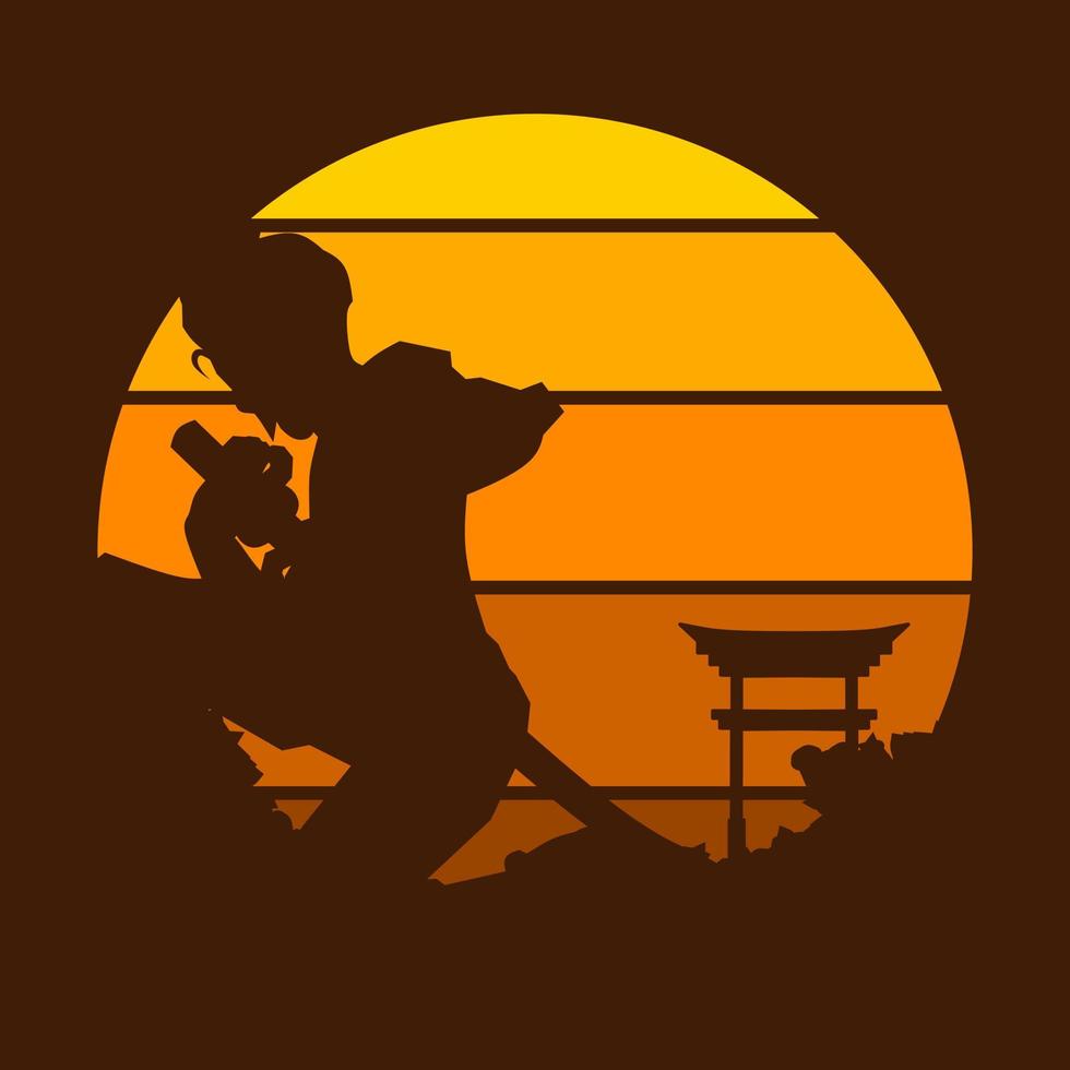 samurai japón espada caballero vector logo en círculo puesta de sol. fondo guerrero para camiseta, afiche, ropa, mercadería, ropa, diseño de placa.