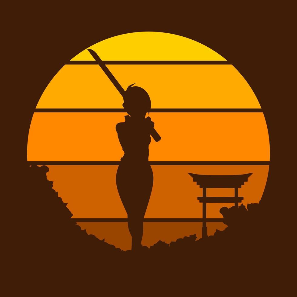 Samurai japan sword knight vector logo on circle sunset. Warrior background for t-shirt, poster, clothing, merch, apparel, badge design.