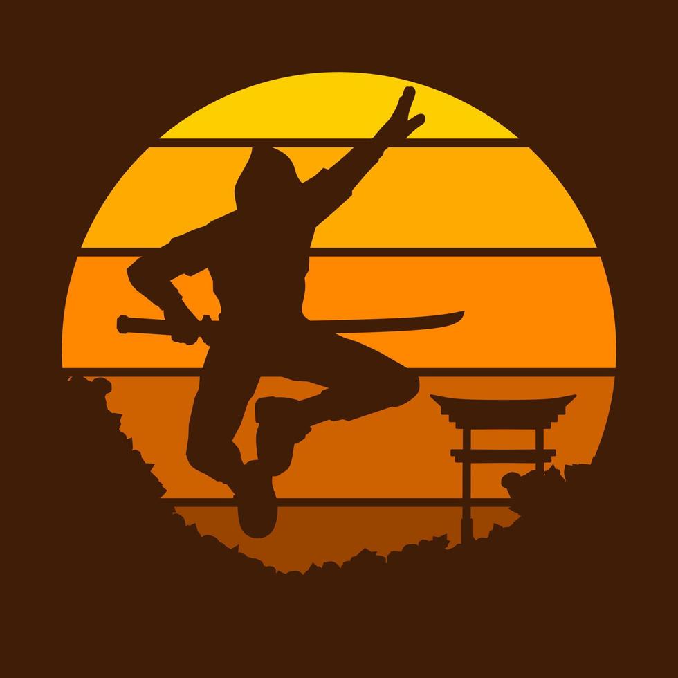 Samurai japan sword knight vector logo colorful design on sunset. Isolated background for t-shirt, poster, clothing, merch, apparel, badge design.