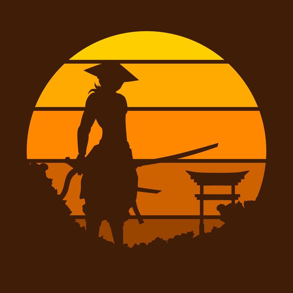 Samurai japan sword knight logo colorful design with dark background. Isolated navy background for t-shirt, poster, clothing, merch, apparel, badge design vector