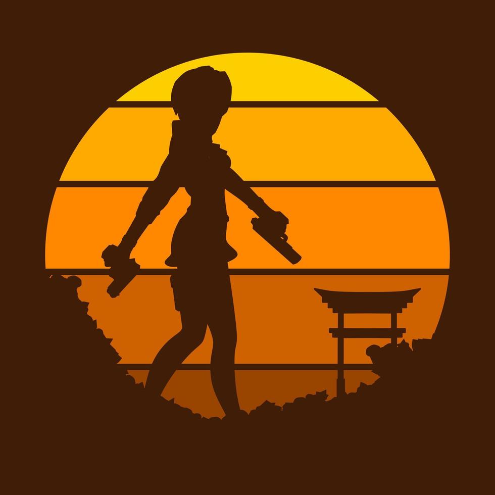 Beautiful woman holding gun for t-shirt colorful design. Abstract vector illustration.