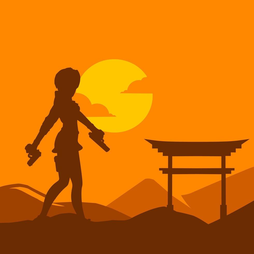 Beautiful woman holding gun for t-shirt colorful design. Abstract vector illustration.