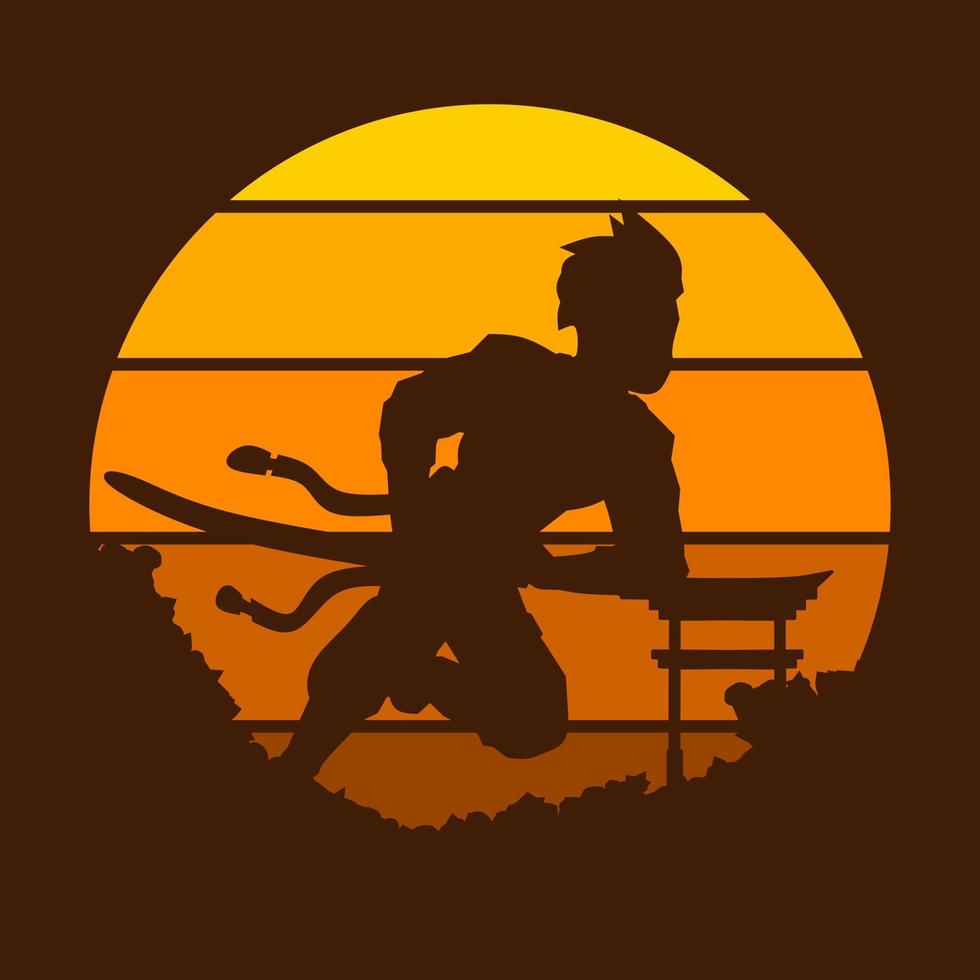 samurai japón espada caballero vector logo en círculo puesta de sol. fondo guerrero para camiseta, afiche, ropa, mercadería, ropa, diseño de placa.