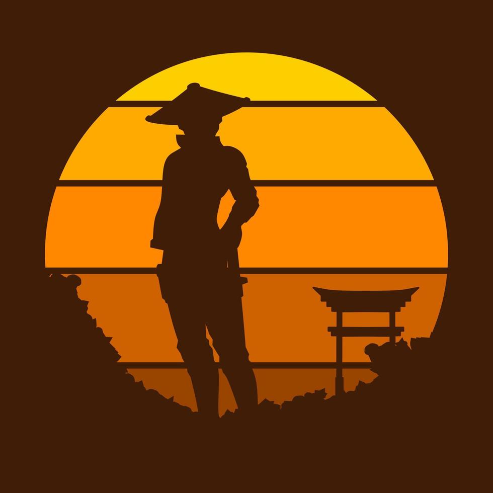 Samurai japan sword knight vector logo on circle sunset. Warrior background for t-shirt, poster, clothing, merch, apparel, badge design.