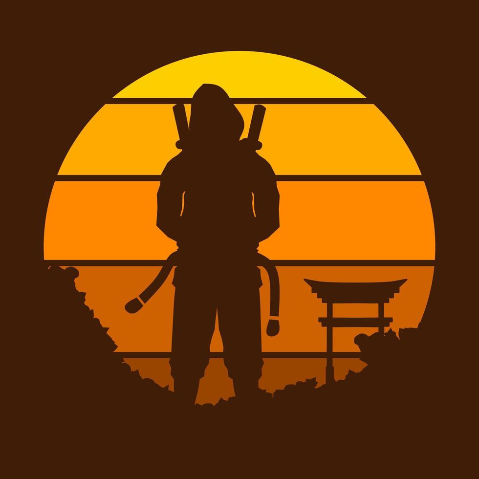Samurai japan sword knight vector logo on circle sunset. Warrior background for t-shirt, poster, clothing, merch, apparel, badge design.