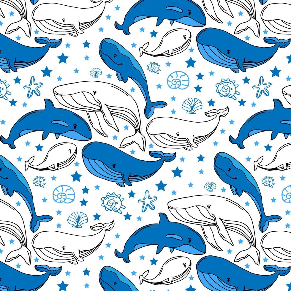 pattern of blue whales with seashells and stars. Kids cloths, background, pattern, design, fabric. vector