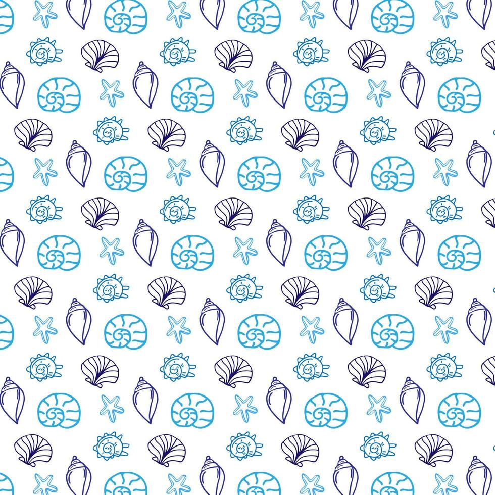 Vector pattern with blue sea shells. Hand drawn vintage sketch elements of engraving. Nautical background. Can use for pack, paper, wallpaper.
