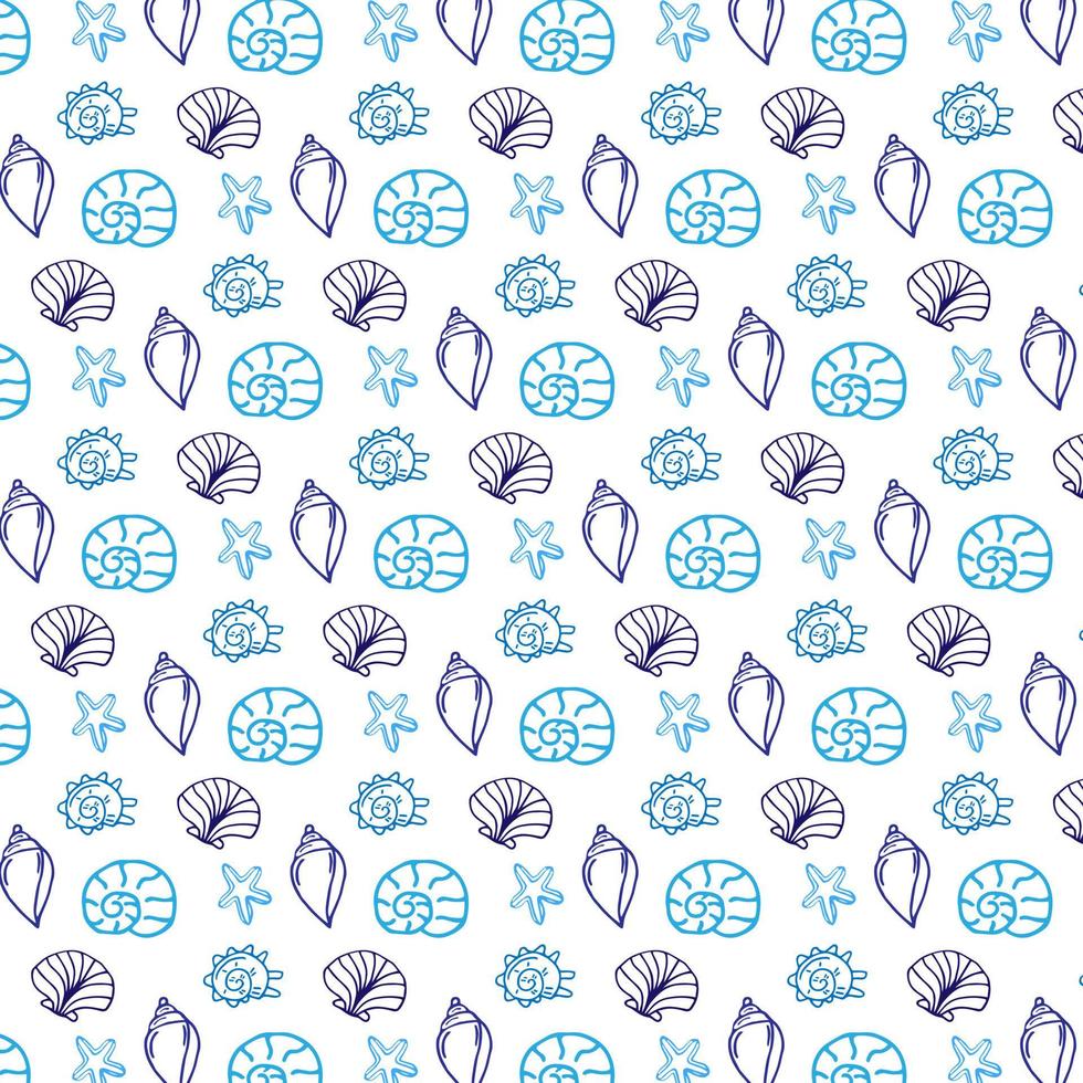 Vector pattern with blue sea shells. Hand drawn vintage sketch elements of engraving. Nautical background. Can use for pack, paper, wallpaper.