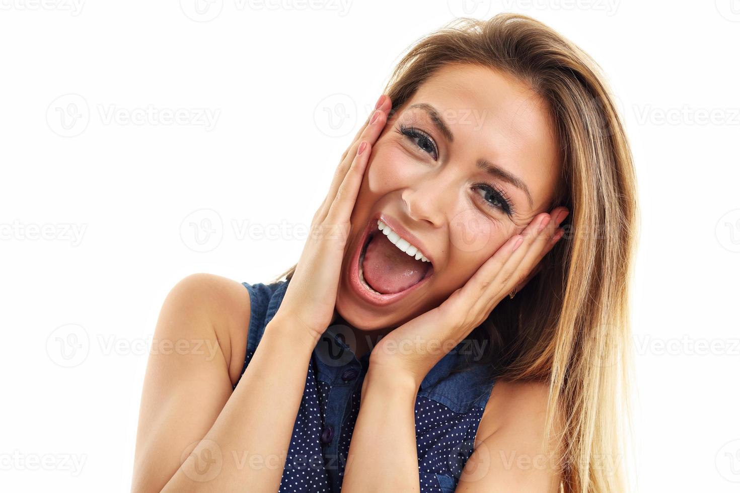 Portrait of happy woman isolated over white background photo