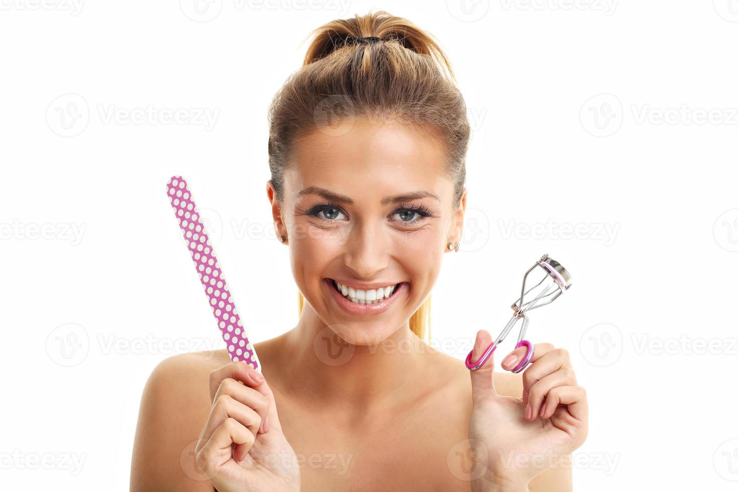 Picture showing woman using eyelash curler over white photo