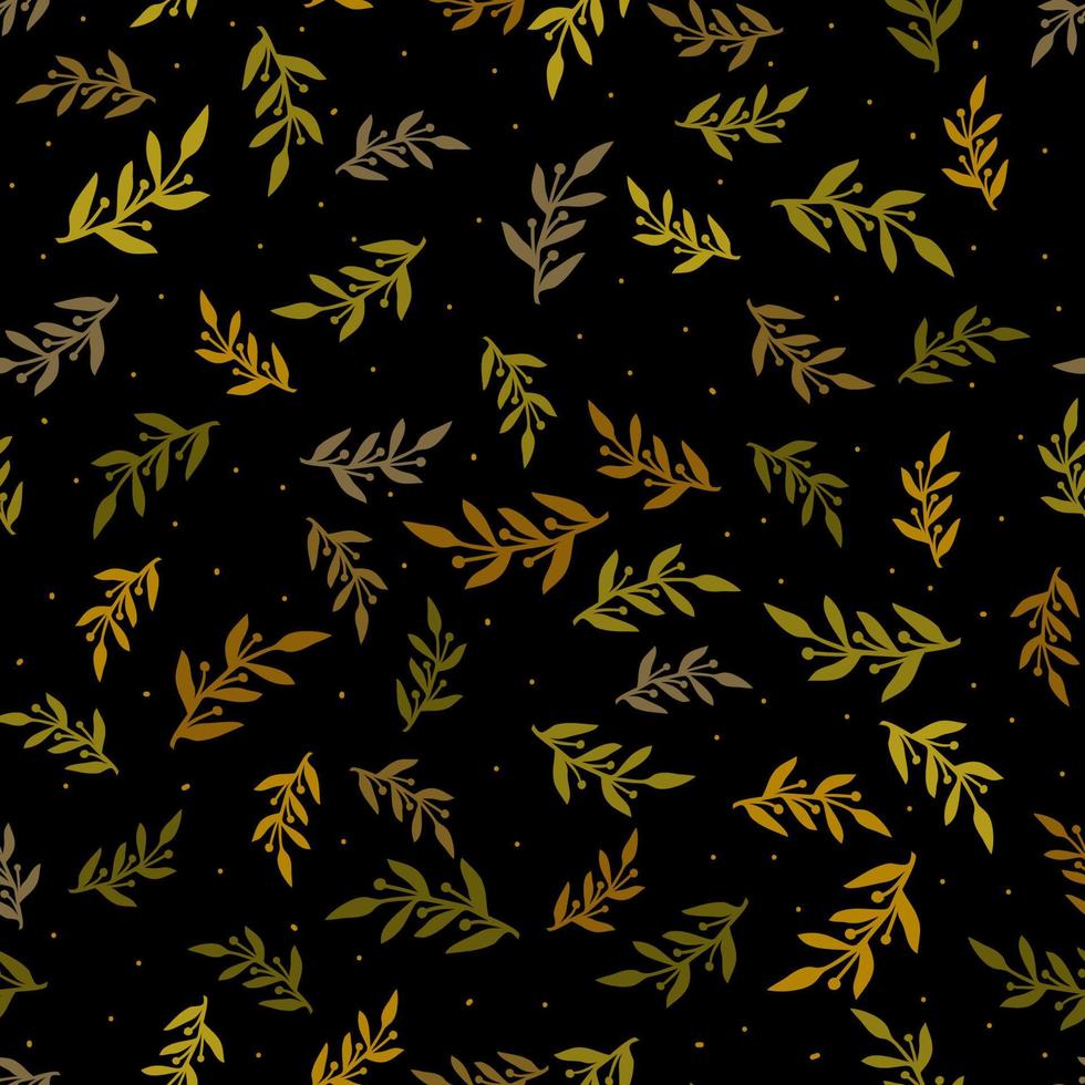 Abstract seamless pattern with small gold leaves, branches on black background. Luxury floral ornament. vector