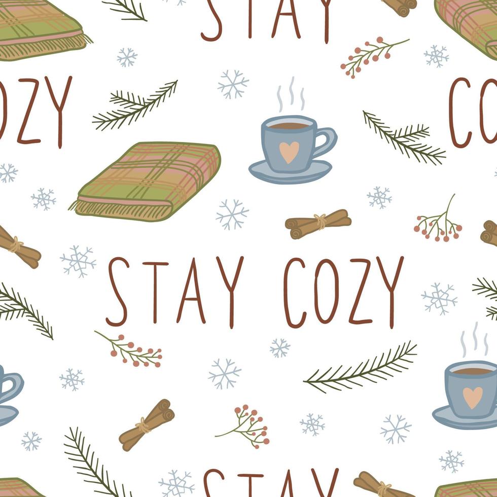 Stay cozy with hand drawn lettering with a cup and a blanket. Vector illustration hand drawn. Seamless pattern