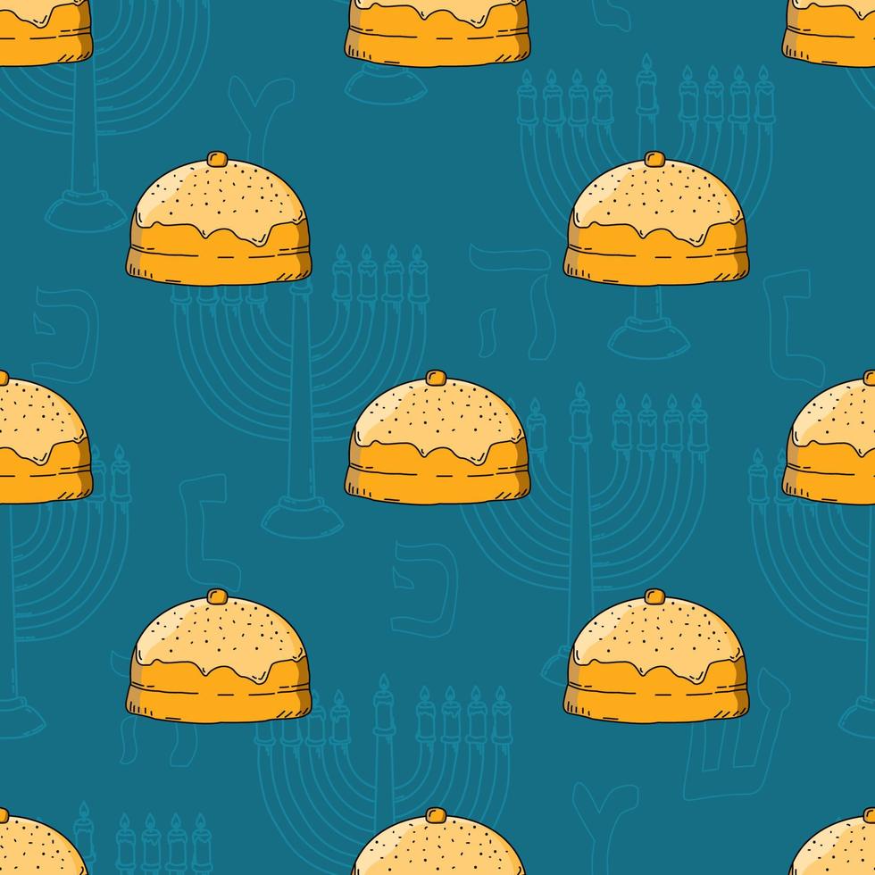 Seamless pattern with doughnut sketch on blue background. Hanukkah donuts. Round bun filled with jam. Sweet traditional european dessert. Vector illustration