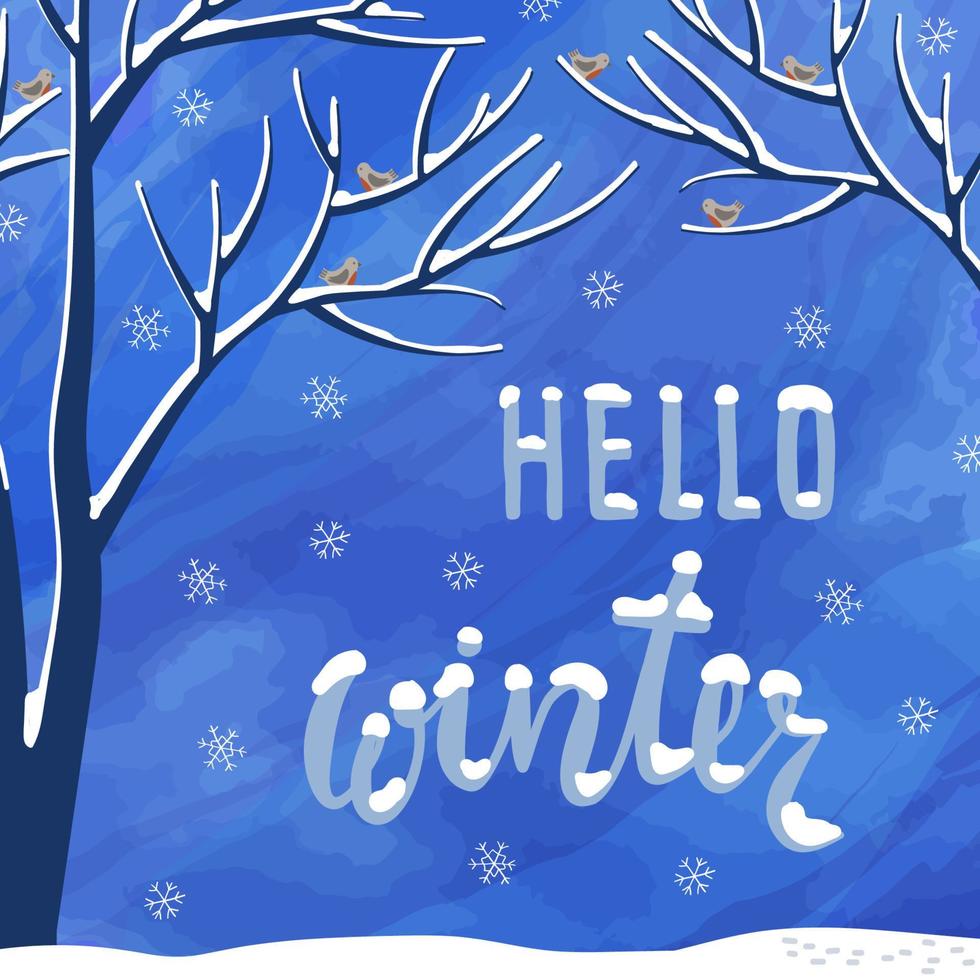 Hello Winter Hand Drawn Lettering on Creative Watercolor Background with Trees. Holiday Vector Illustration, Greeting Card, Printable Template.