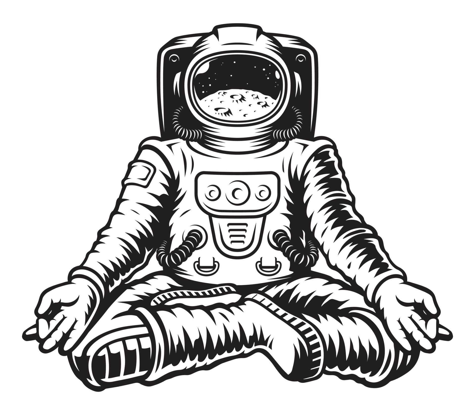 ilustración vectorial en blanco y negro de un astronauta meditando