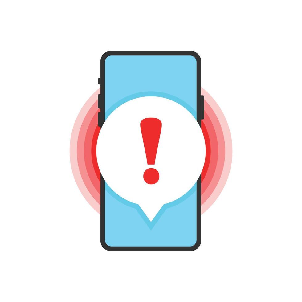 Phone notifications icon in flat style. Smartphone with exclamation point vector illustration on isolated background. Spam message sign business concept.