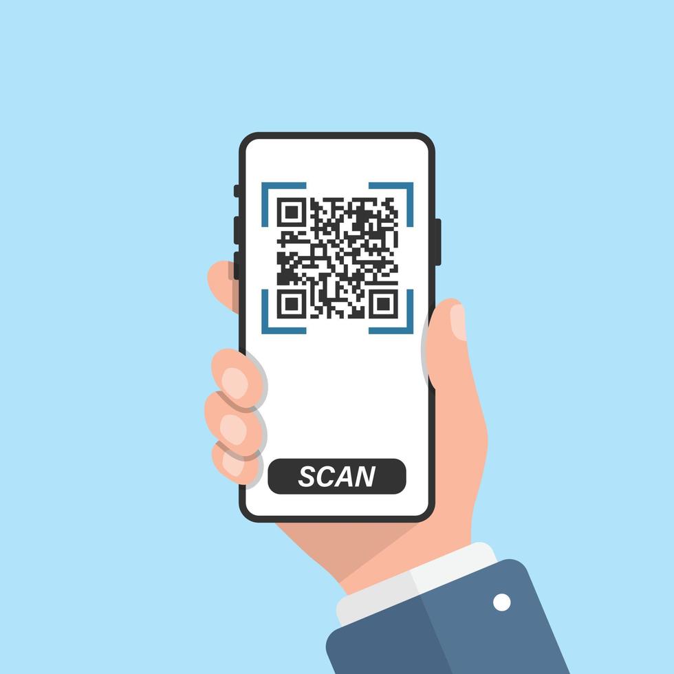 QR code scan illustration in flat style. Mobile phone scanning vector illustration on isolated background. Barcode reader in hand sign business concept.