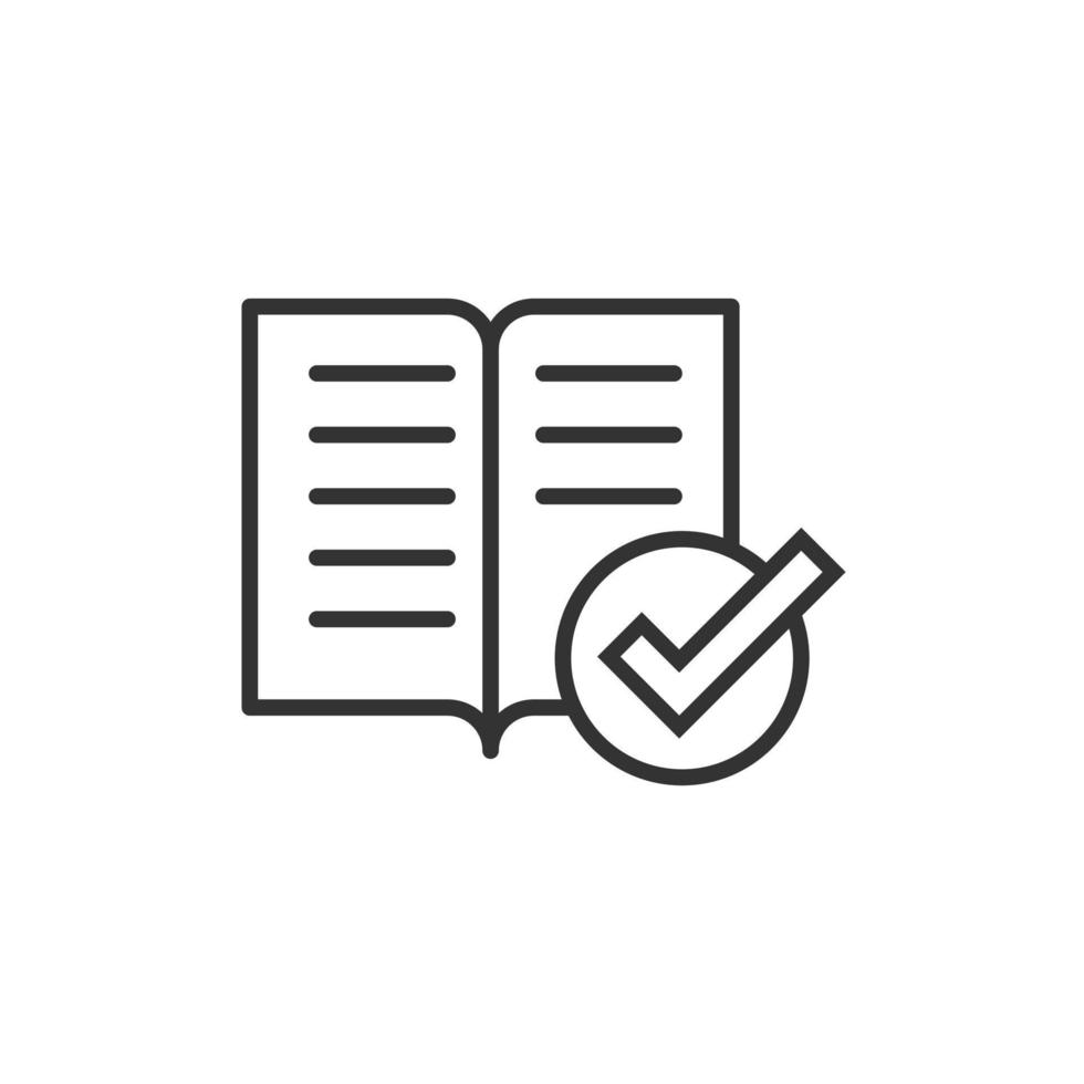 Book check mark icon in flat style. Bookmark approval vector illustration on white isolated background. Confirm business concept.