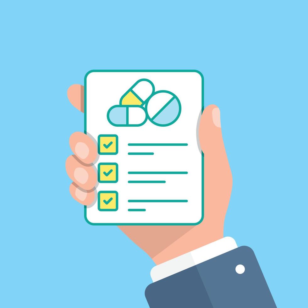 Medical prescription pad in hand illustration in flat style. Rx form vector illustration on isolated background. Doctor document sign business concept.