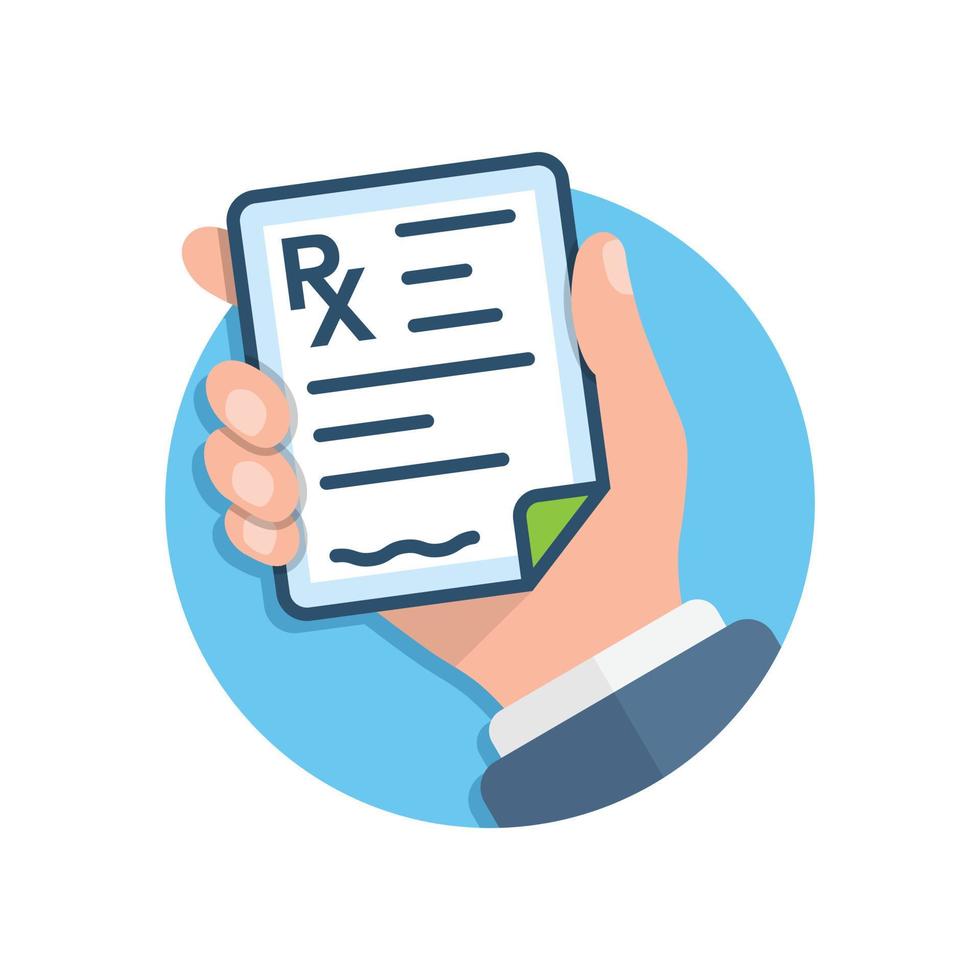 Medical prescription pad in hand illustration in flat style. Rx form vector illustration on isolated background. Doctor document sign business concept.