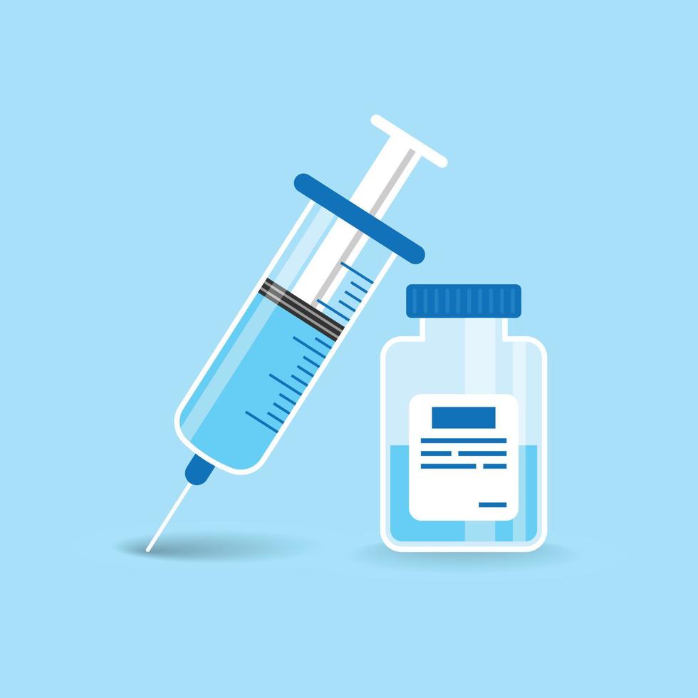 Syringe with bottle icon in flat style. Vaccine inject vector illustration on isolated background. Covid vaccination sign business concept.