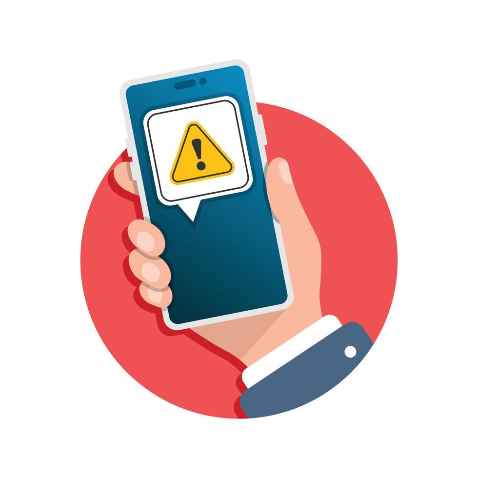 Phone notifications icon in flat style. Smartphone with exclamation point in hand vector illustration on isolated background. Spam message sign business concept.