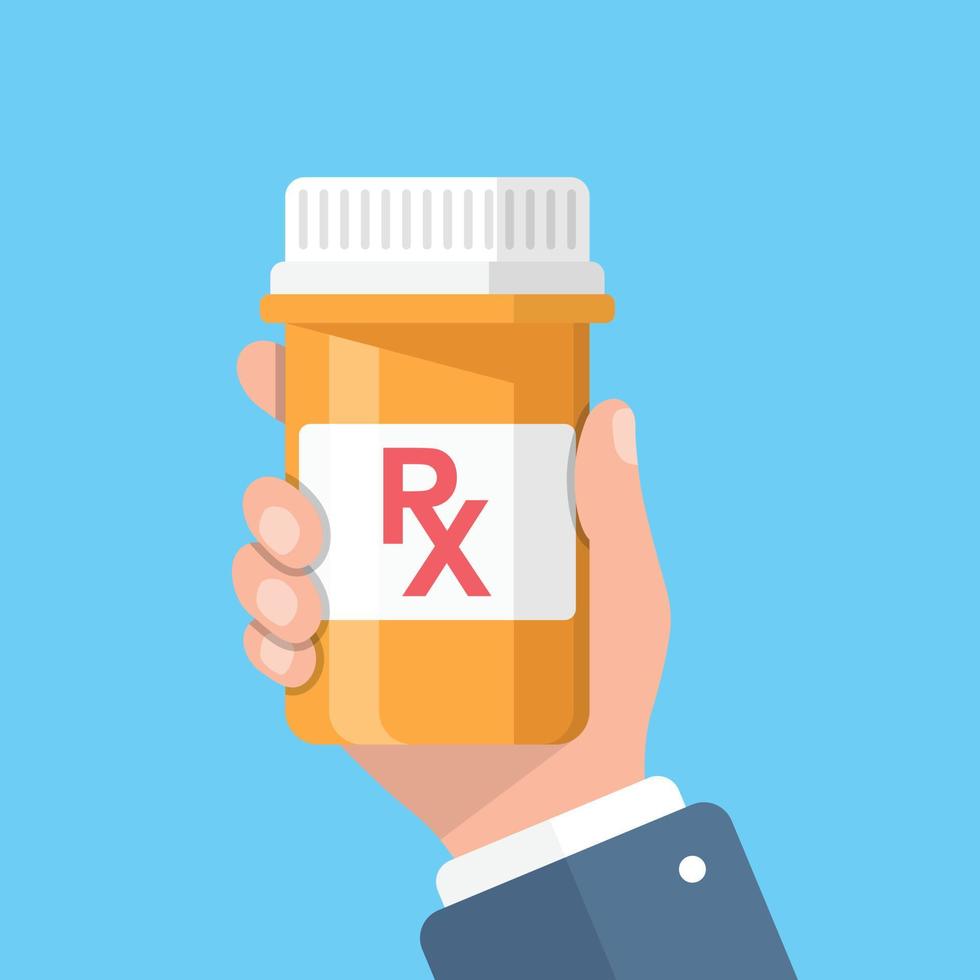 Pill bottle in hand illustration in flat style. Medical capsules vector illustration on white isolated background. Pharmacy sign business concept.