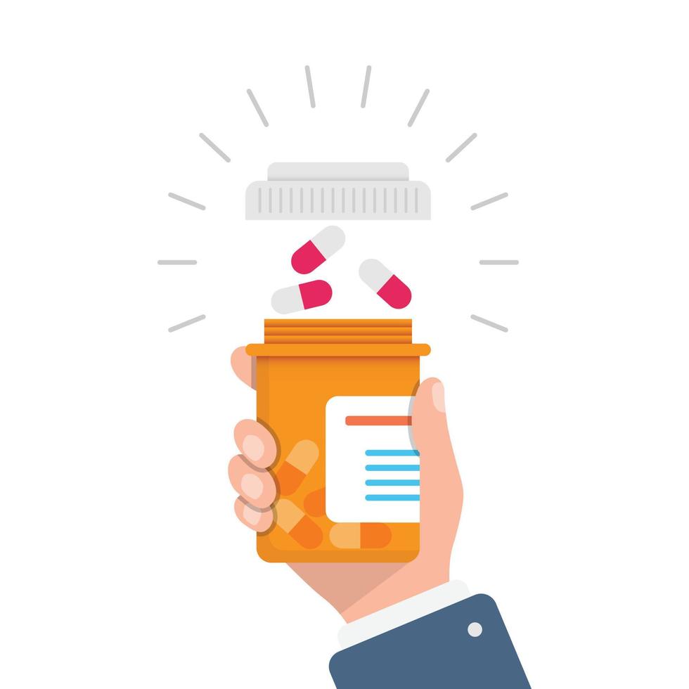 Pill bottle in hand illustration in flat style. Medical capsules vector illustration on white isolated background. Pharmacy sign business concept.