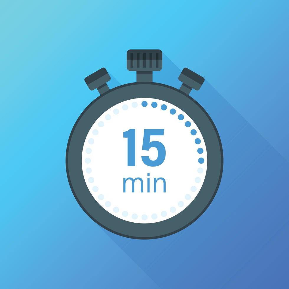 Stopwatch 15 minutes icon illustration in flat style. Timer vector illustration on isolated background. Time alarm sign business concept.